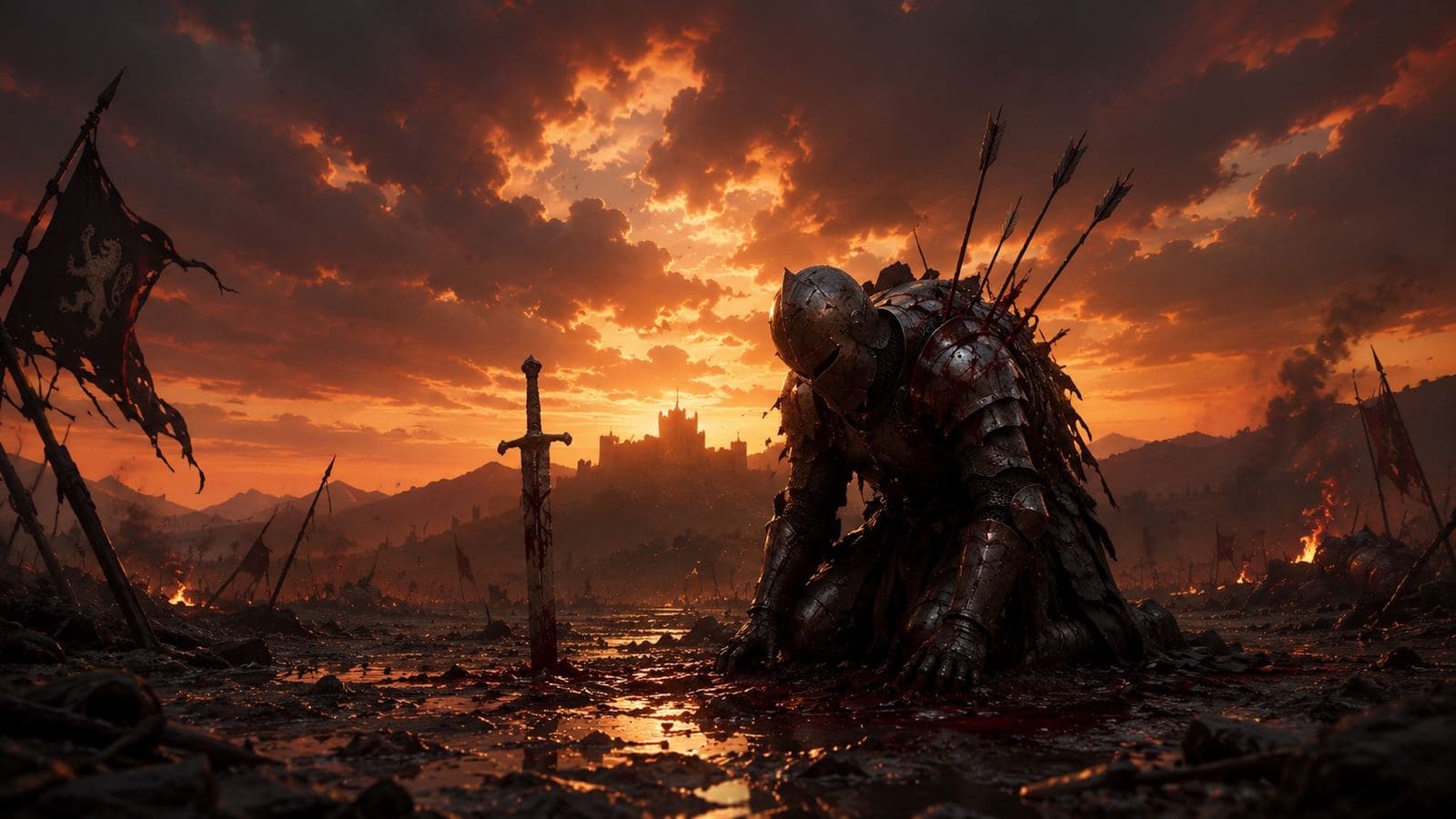 A kneeling knight in a field of white flowers