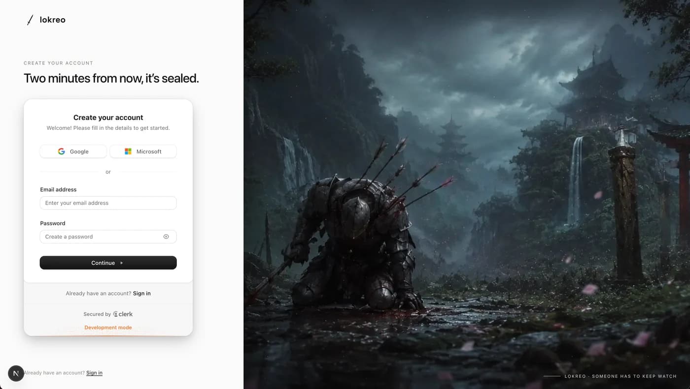 The lokreo sign-up page