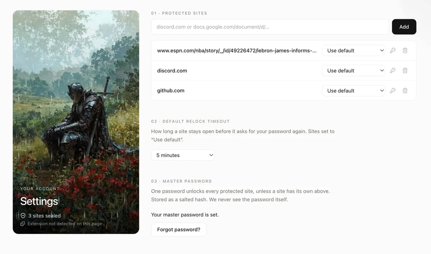 The lokreo dashboard with sites, timers, and password settings